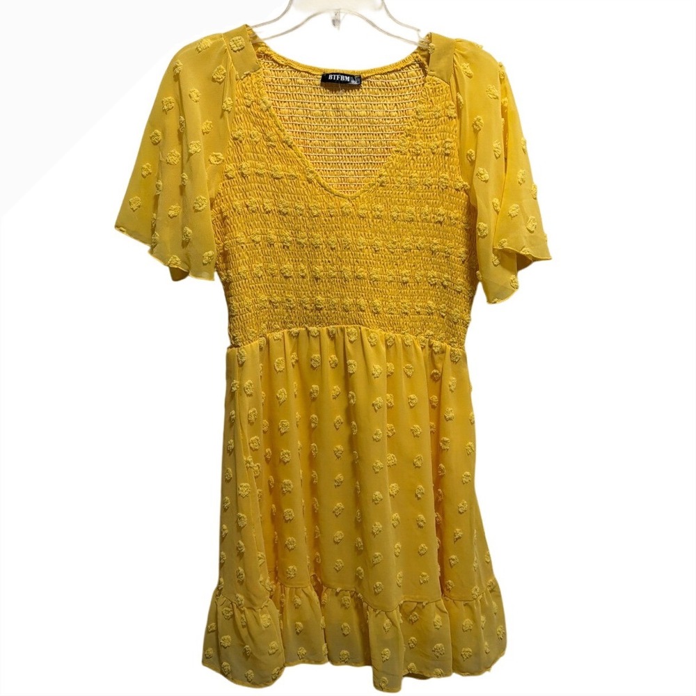 BTFBM Yellow Smocked Ruffle Dress Flutter Sleeve Burnout Dot Mini Size M